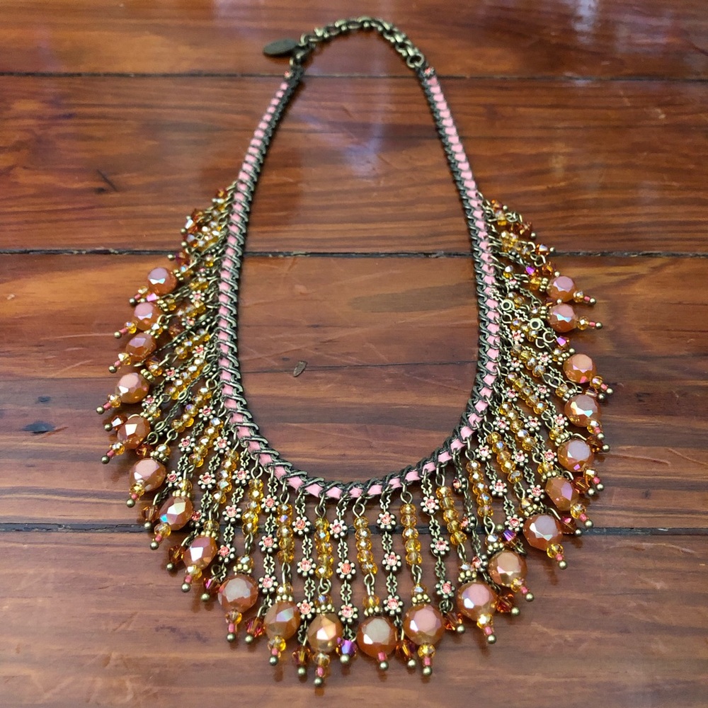 Michal Negrin Crystal Bib Necklace Orange Brass Flowers Ribbon